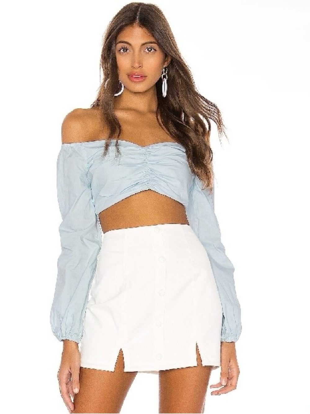 Superdown Maci Balloon Sleeve Off Shoulder Crop Top Blue Revolve Size S NWT